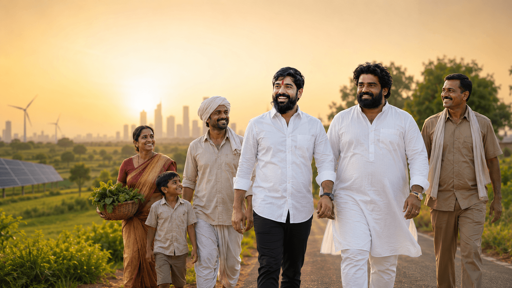 Six confident Indians — a young business owner, a community volunteer, a woman entrepreneur, a college student, a farmer and a mechanic — walking together at golden sunrise, with green fields, a clean highway, a smart-city skyline, solar panels and wind turbines behind them.